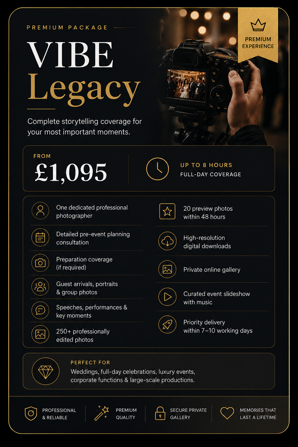 VIBE Legacy premium event photography package in Manchester with 8-hour coverage and 250 edited photos