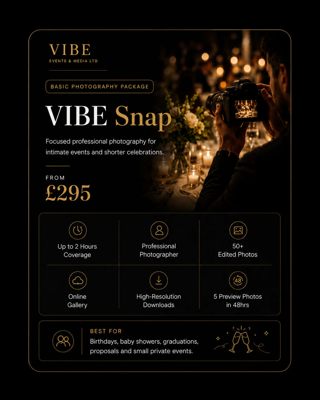 VIBE Snap basic event photography package in Manchester with 2-hour coverage and 50 edited photos