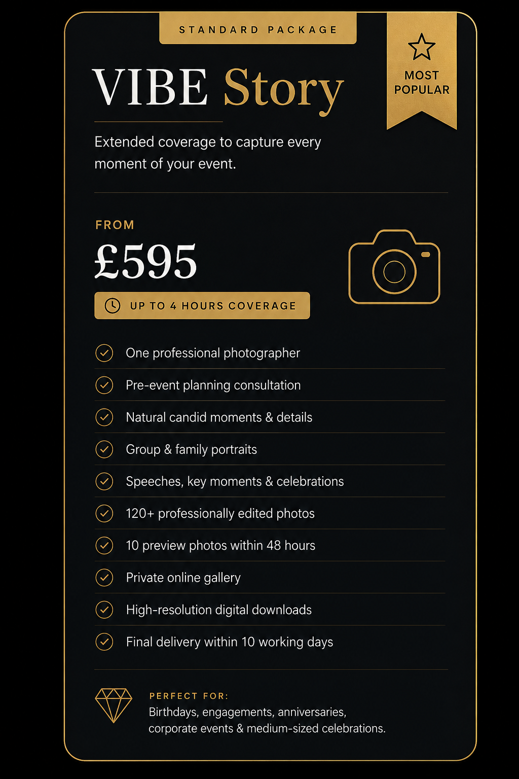 VIBE Story standard event photography package in Manchester with 4-hour coverage and 120 edited photos